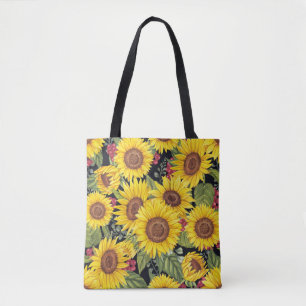 Bolso De Tela Campo de girasoles: fondo negro de acuarela