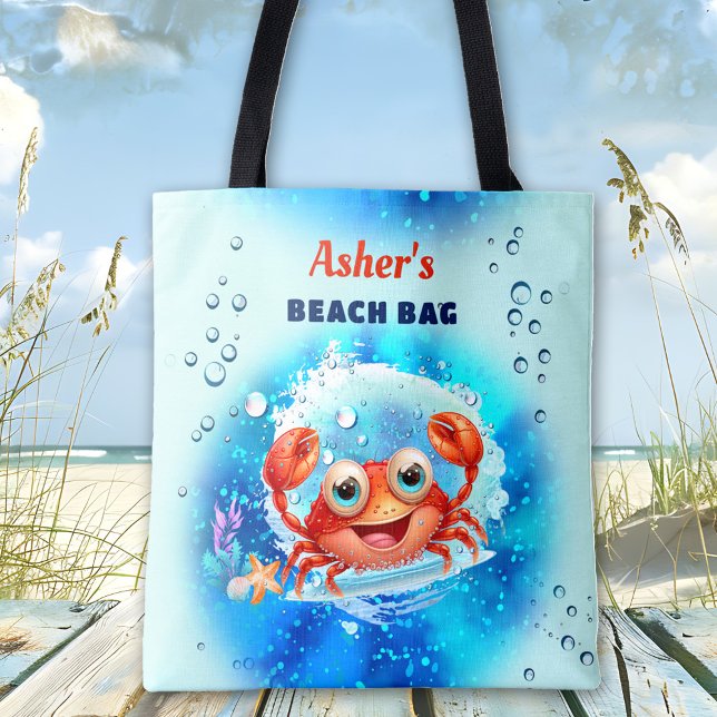 Bolso De Tela Cangrejo Turquoise Blue Pool Beach Nombre personal (Crab Turquoise Blue Boy Pool Beach Custom Name Tote Bag)