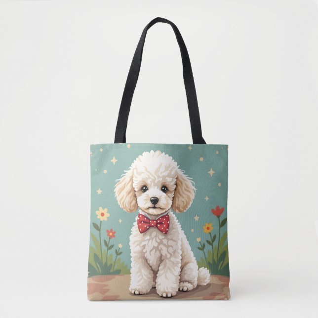 Bolso De Tela Caniche adorable blanco con corbata de lazo (Anverso)