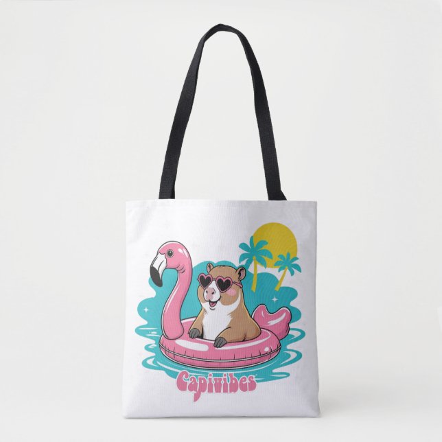 Bolso De Tela Capivara Estilosa no Verão com Boia Rosa (Anverso)