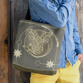 Bolso De Tela Capricornio Zodiac Rótulo Brown y Gray Mandala