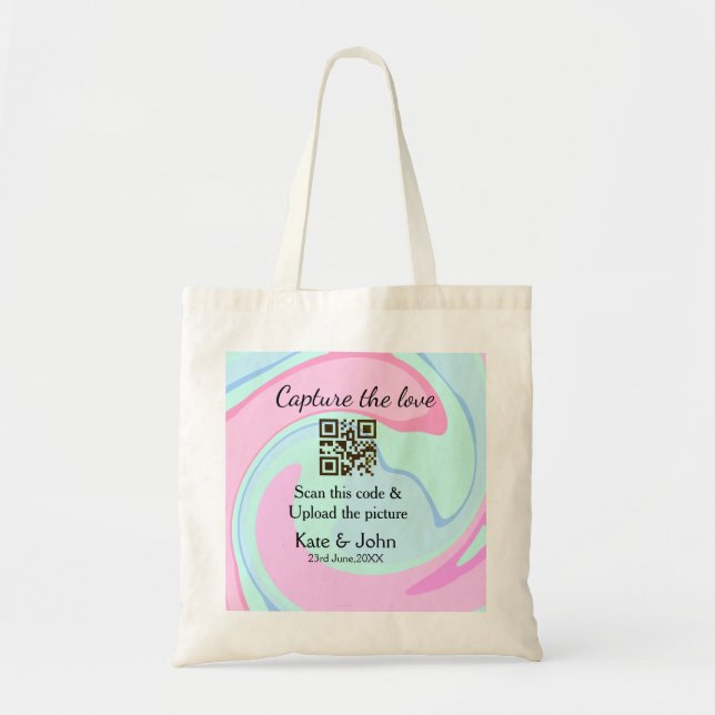 Bolso De Tela Capturar el amor añadir QR scan mármol azul rosa (Frente)