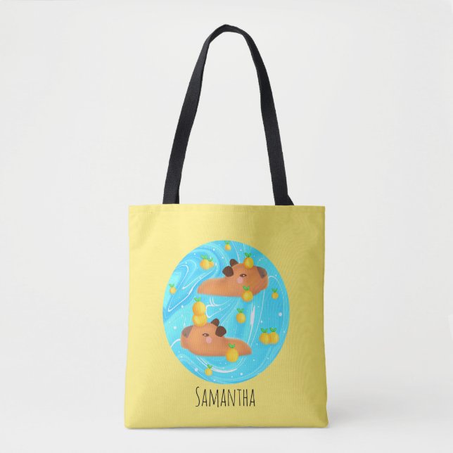 Bolso De Tela Capybaras En Agua Con Naranjas (Anverso)