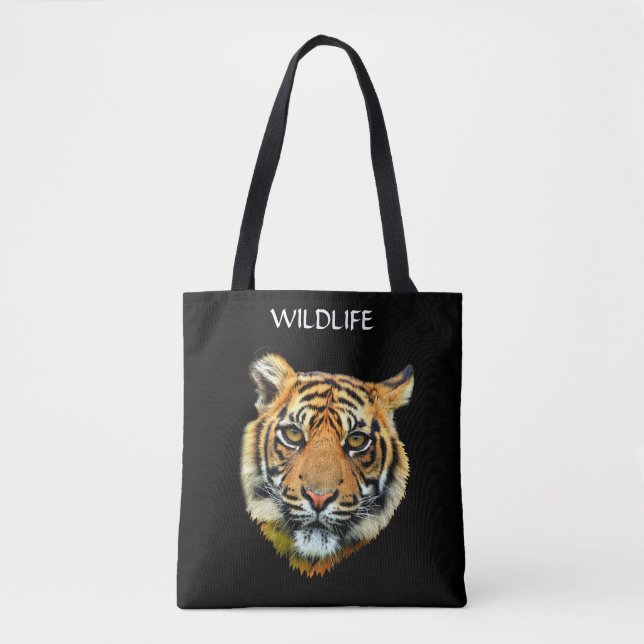 Bolso De Tela Cara animal de tigre salvaje sobre negro (Anverso)