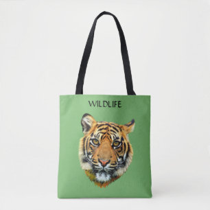 Bolso De Tela Cara animal de tigre salvaje sobre verde