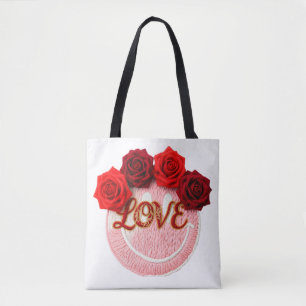 Bolso De Tela Cara de sonrisa tejida Rosa roja Amor San Valentín