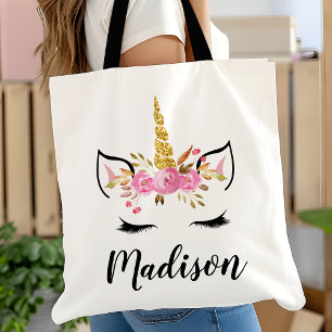 Bolso De Tela Cara de Unicornio con pestañas nombre personalizad