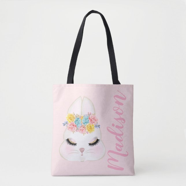 Bolso De Tela Cara rosada personalizada del conejito floral (Anverso)