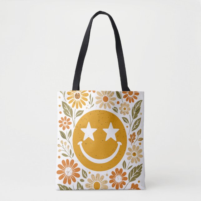 Bolso De Tela Cara sonriente con flores (Anverso)