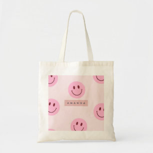 Bolso De Tela Cara Sonriente Rosa Pastel Personalizada