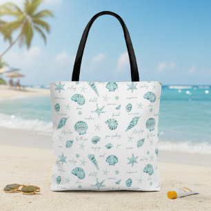 Bolso De Tela Caracoles Estrella de Mar Sol Diversión Texto Turq