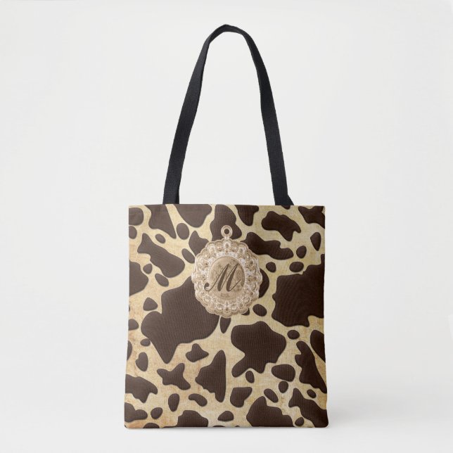 Bolso De Tela Carácter inicial de impresión de animales marrones (Anverso)