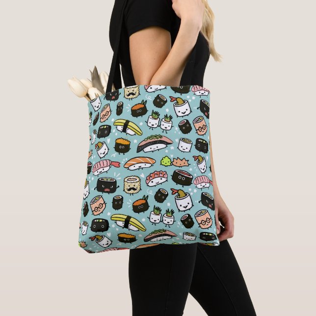 Bolso De Tela Caracteres de sushi mate| Kawaii Sushi Patterado (Detalle)