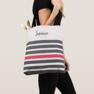 Bolso De Tela Carbón y rosa rojo rayas modernas nombre personali
