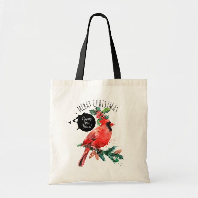 Bolso De Tela Cardenal rojo Feliz Año Nuevo Feliz Navidad (Frente)