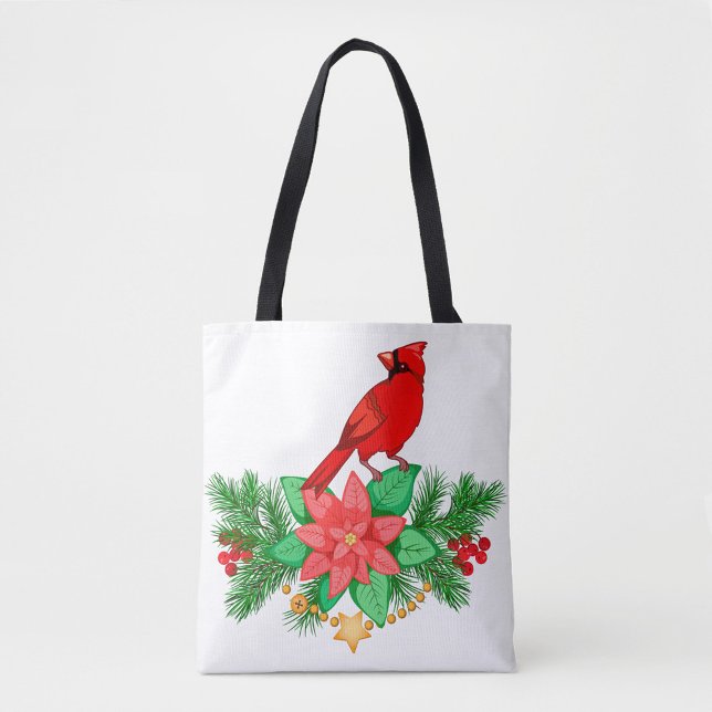Bolso De Tela Cardenal rojo Tote Bag (A white tote bag with black handles features a festive design.)