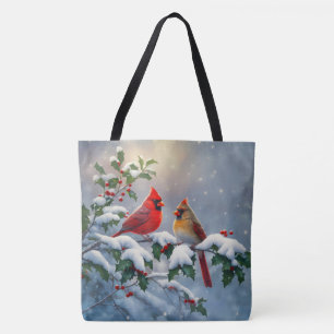 Bolso De Tela Cardenales rojos y acebo en la nieve