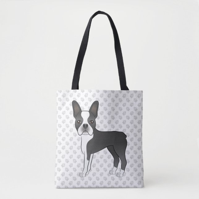 Bolso De Tela Caricatura de Black And White Boston Terrier Perro (Anverso)