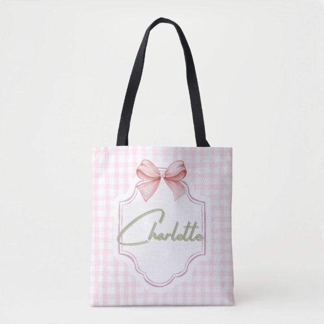 Bolso De Tela Carlota Personalizada Rosa Bow & Gingham Print (Anverso)