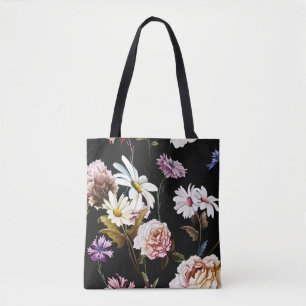 Bolso De Tela Carnación, flores de camomila, patrón negro.