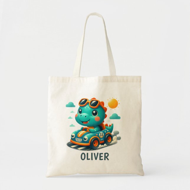 Bolso De Tela Carreras dulce Trex Dinosaurio y Race Car (Frente)