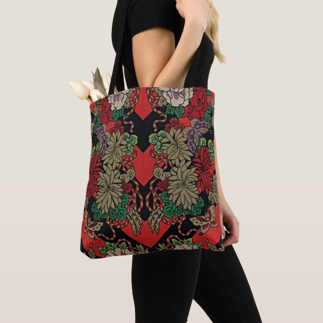 Bolso De Tela Carry Elegance con Floral Vintage japonesa roja (Detalle)
