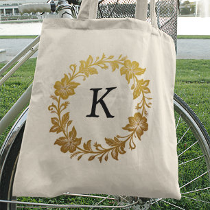 Bolso De Tela Carta de Monograma Floral de Oro Elegante