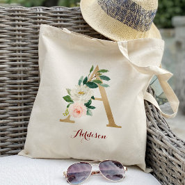 Bolso De Tela Carta dorada A y floral Rubor personalizada