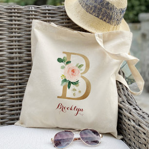 Bolso De Tela Carta dorada B y floral Rubor personalizada