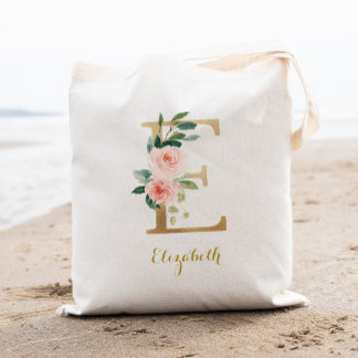 Bolso De Tela Carta dorada E y floral Rubor personalizada
