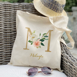 Bolso De Tela Carta dorada M y floral Rubor personalizada
