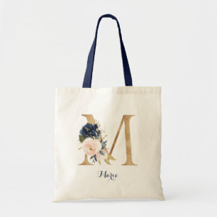 Bolso De Tela Carta dorada M y floral Rubor personalizada