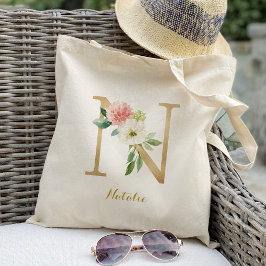 Bolso De Tela Carta dorada N y floral Rubor personalizada