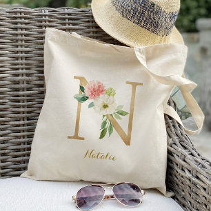 Bolso De Tela Carta dorada N y floral Rubor personalizada