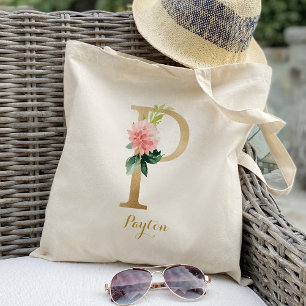 Bolso De Tela Carta dorada P y floral Rubor personalizada