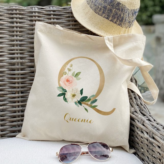 Bolso De Tela Carta dorada Q y floral Rubor personalizada (Subido por el creador)