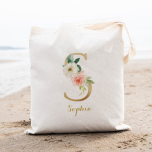 Bolso De Tela Carta dorada S y floral Rubor personalizada