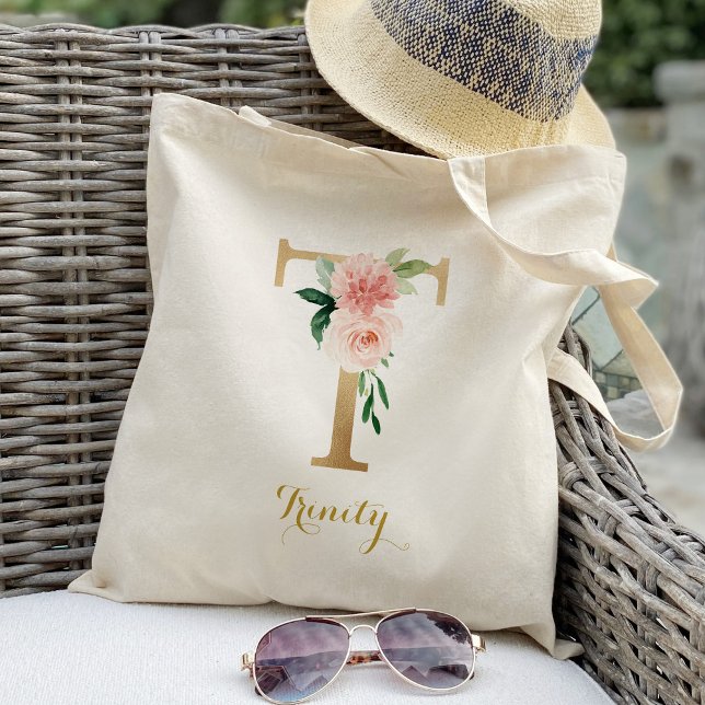 Bolso De Tela Carta dorada T y floral Rubor personalizada (Subido por el creador)