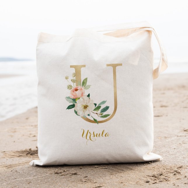 Bolso De Tela Carta dorada U y floral Rubor personalizada (Subido por el creador)