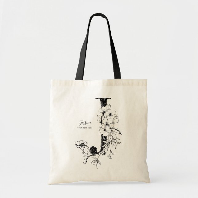 Bolso De Tela Carta J Floral Rustica personalizada inicial (Frente)