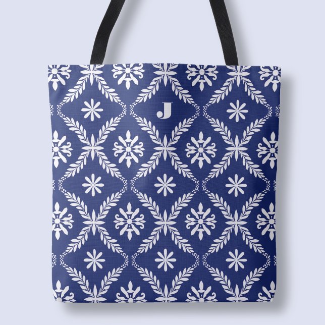 Bolso De Tela Carta Personalizada Elegante Patrón Azul Inicial (Personalized Letter Elegant Blue Pattern Initial Tote Bag)