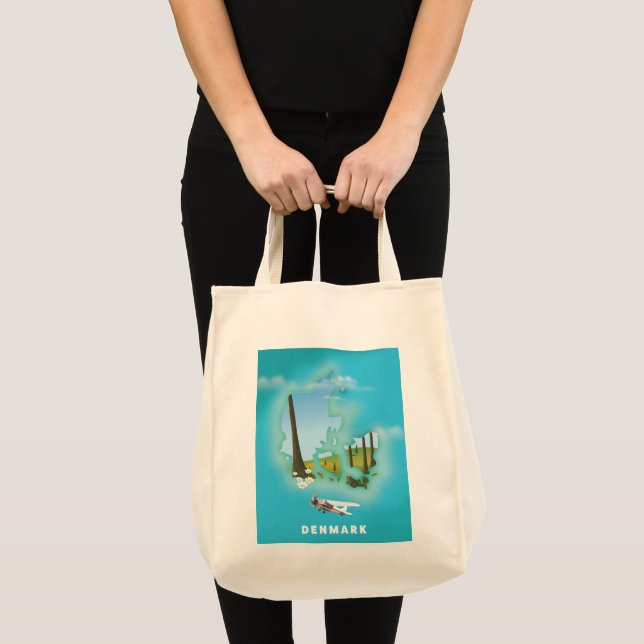 Bolso De Tela Cartel de viaje ilustrado del mapa de Dinamarca. (Anverso (producto))