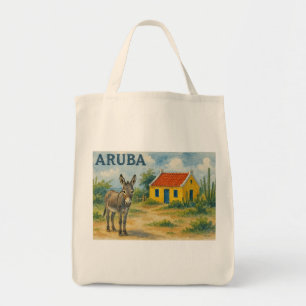 Bolso De Tela Casa cunucu amarilla de Aruba con burro acuarela