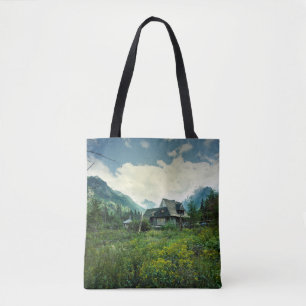 Bolso De Tela Casa de madera, paisaje natural de montaña.