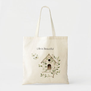 Bolso De Tela Casa de Pájaro Verde Blanco Hojas Flores Mariposas