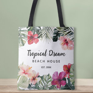 Bolso De Tela Casa de Playa Botánico Floral Tropical Acuarela