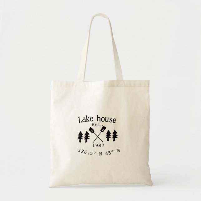 Bolso De Tela Casa del lago. Fecha año personalizado coordenadas (Frente)