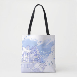 Bolso De Tela casa: drenaje de la acuarela