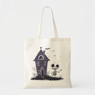 Bolso De Tela Casa embrujada de Halloween con esqueleto lindo