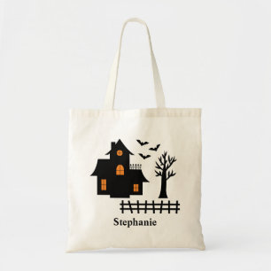 Bolso De Tela Casa Embrujada Negra Silueta de Halloween y Nombre